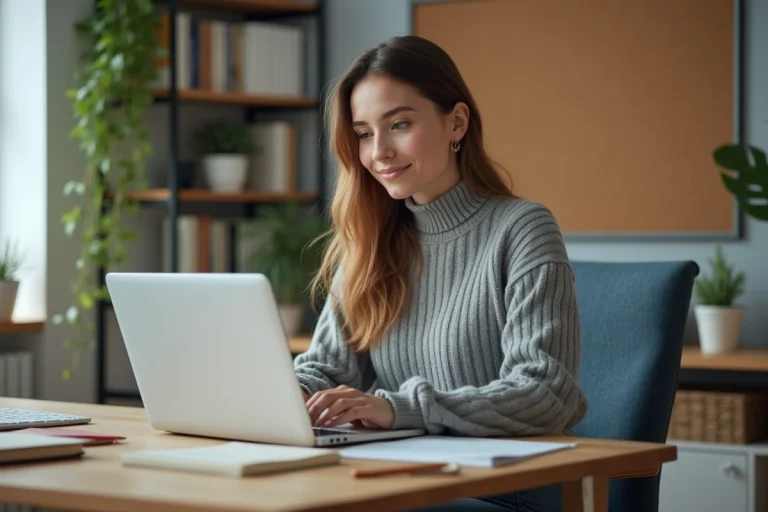 Jeune femme au bureau regardant son ordinateur dans un espace cosy