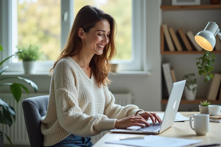 Femme souriante télécharge un PDF dans son bureau lumineux