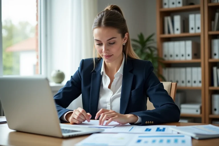 Femme comparant des taux de prêt immobilier sur des documents et un ordinateur portable dans un bureau à domicile