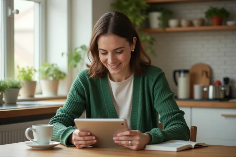 Femme regardant des coupons numériques sur une table de cuisine