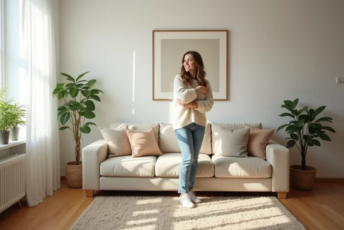 Jeune femme arrangeant des coussins dans un salon moderne