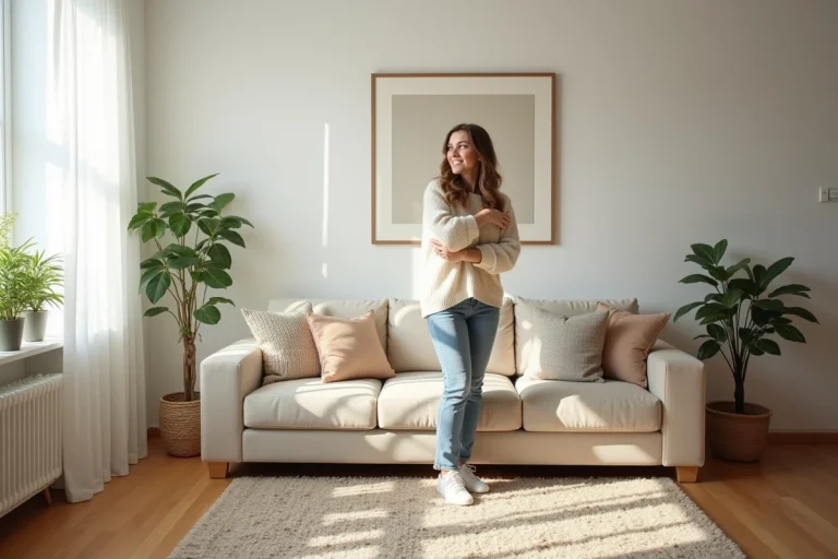 Jeune femme arrangeant des coussins dans un salon moderne