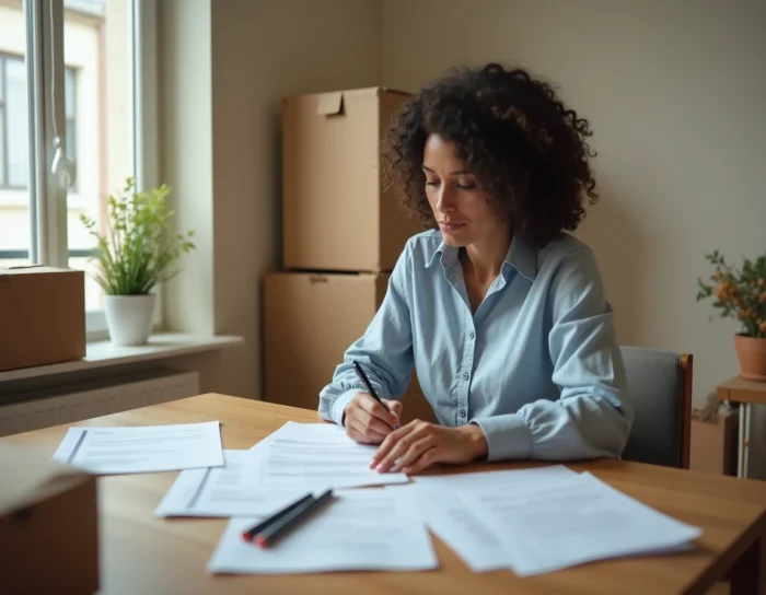 Femme remplissant un dossier APL entourée de cartons de déménagement dans un appartement