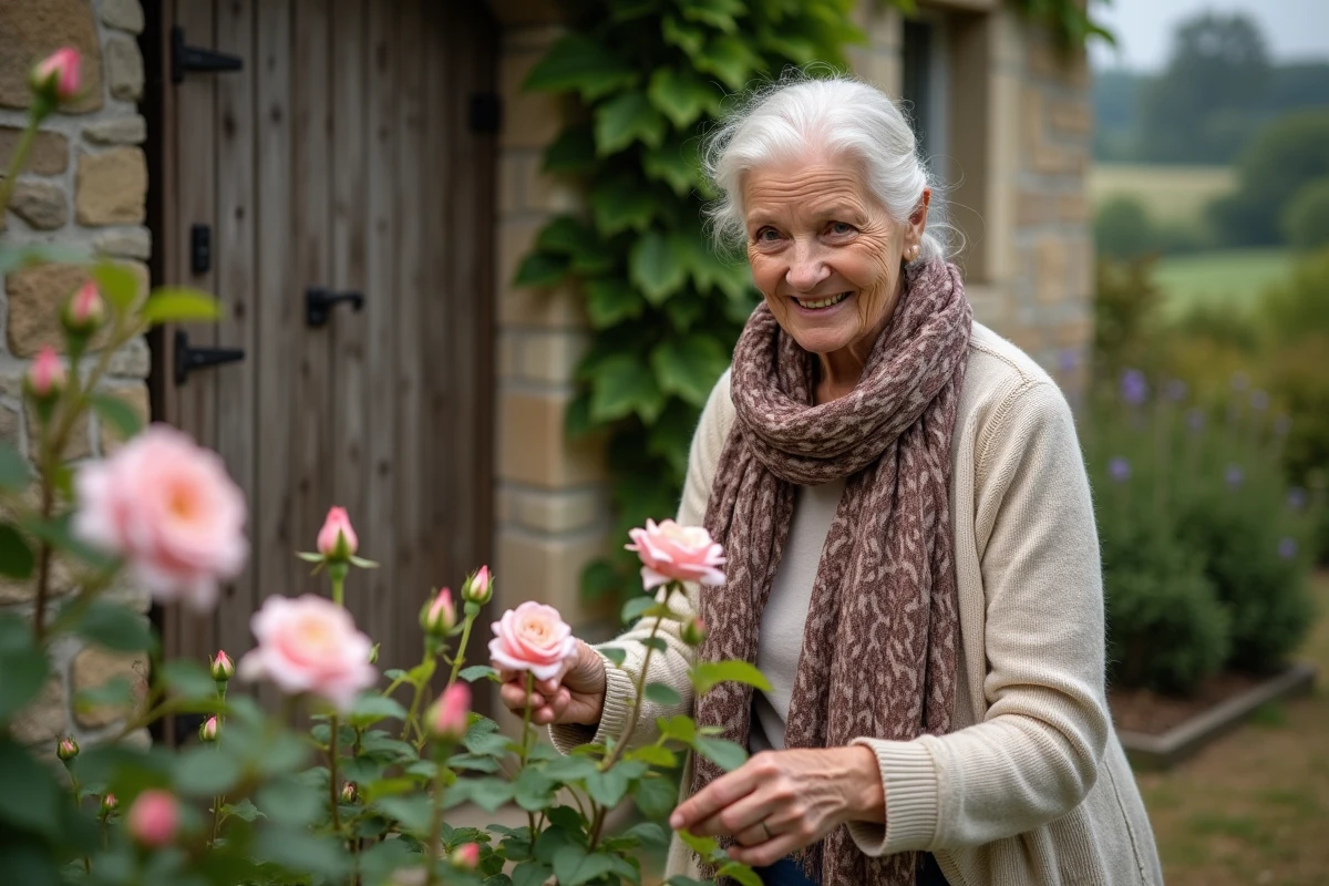 Femme agee dans son jardin de fleurs en campagne