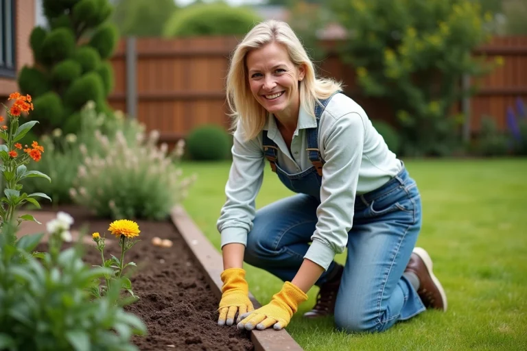 Femme en jardinage plantant des fleurs dans un jardin