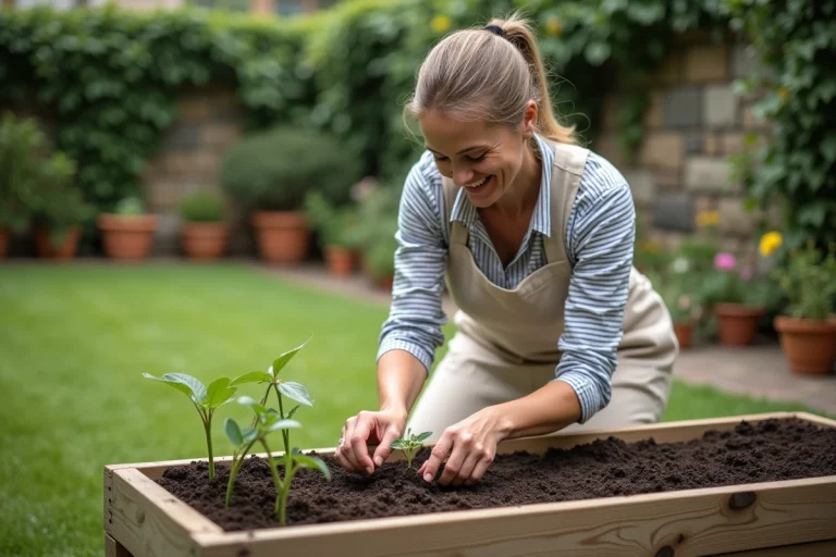 Femme jardinant dans un potager surélevé en bois, transplantant des plants dans une terre fertile de son jardin maison