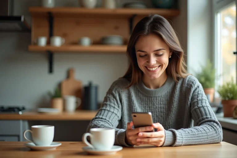 Femme utilisant une application de messagerie sur smartphone à la maison, illustrant l'usage de WhatsApp ou Messenger au quotidien