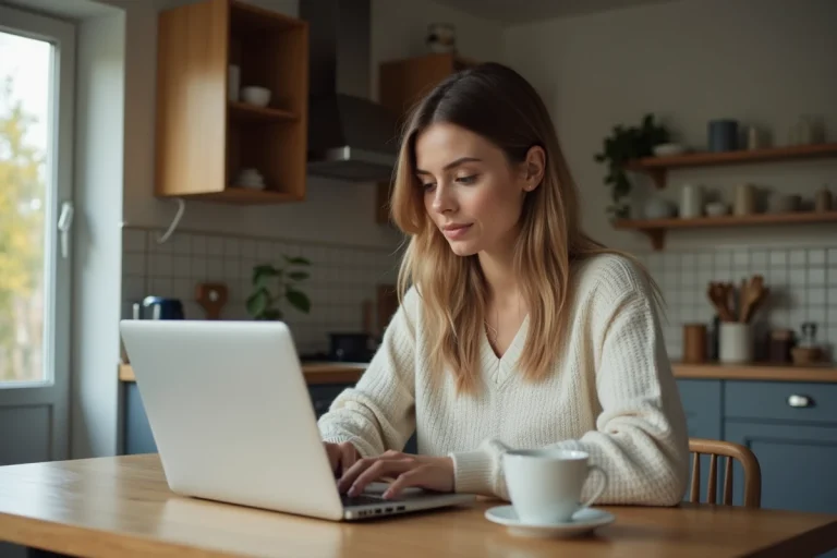 Jeune femme utilisant un ordinateur pour saisir ses cartes
