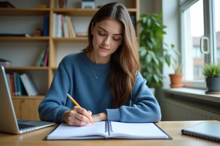 Jeune femme écrivant dans son agenda dans un intérieur lumineux