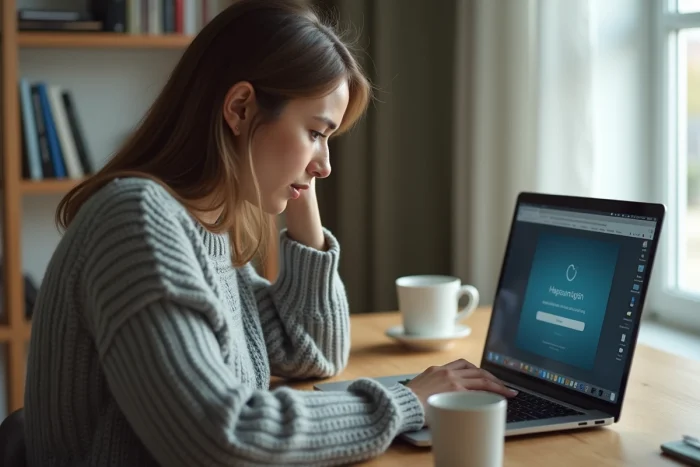Femme résolvant un problème de connexion sur un ordinateur portable avec une interface de login affichant une erreur