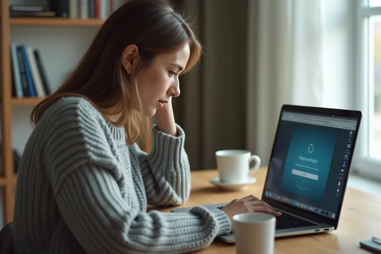 Femme résolvant un problème de connexion sur un ordinateur portable avec une interface de login affichant une erreur