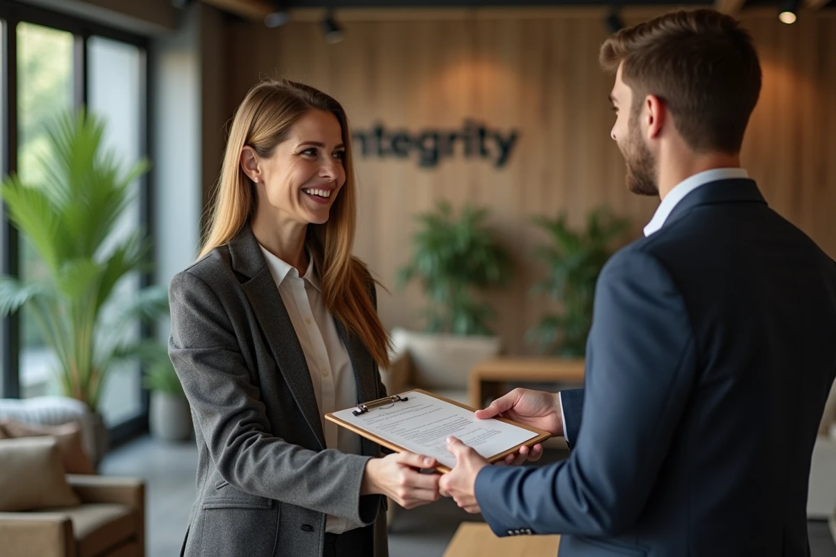 Femme en blazer remettant un document à un collègue dans un espace ouvert
