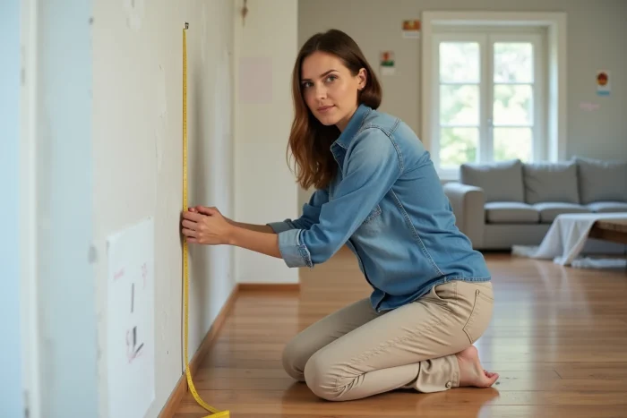 Femme en denim mesurant un mur en rénovation