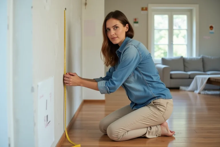 Femme en denim mesurant un mur en rénovation