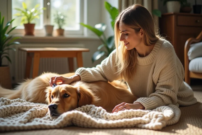 Femme jeune caressant un retriever dans un salon chaleureux