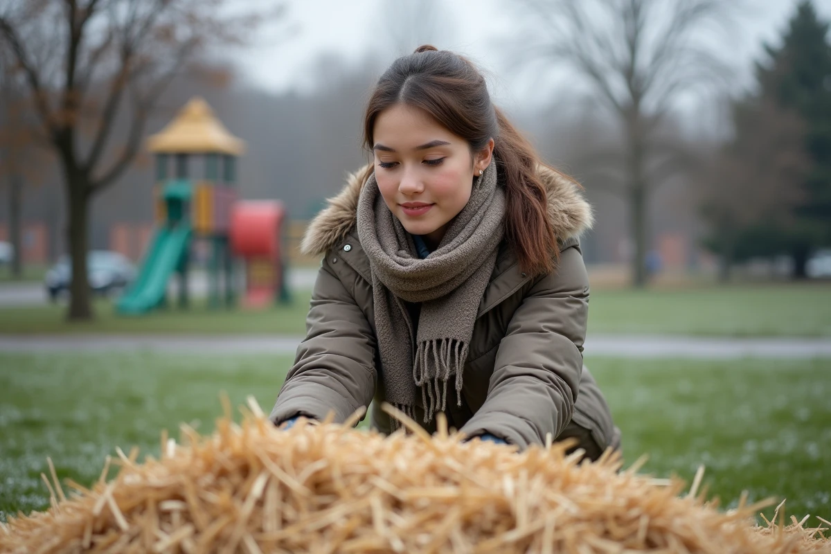 Jeune femme étalant de la paille sur la pelouse en parc