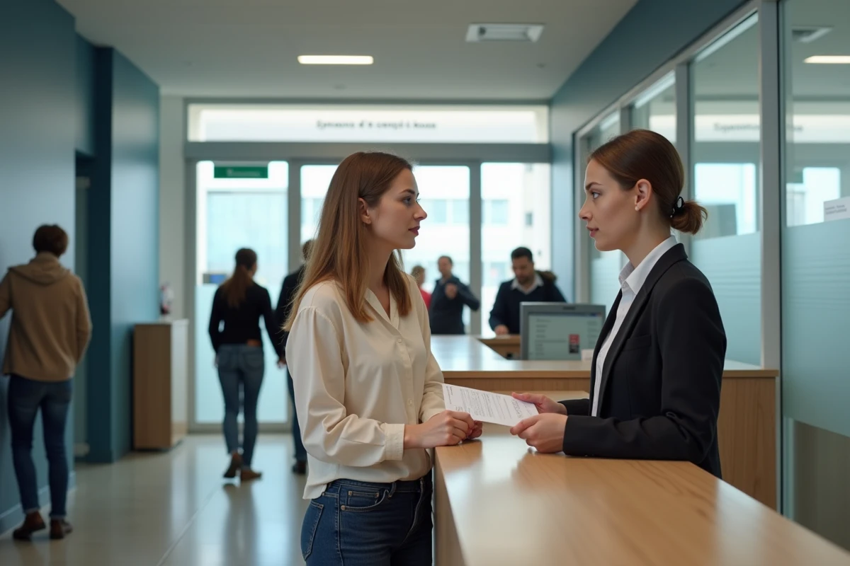 Jeune femme présentant un PV blanc à un agent dans un bureau municipal