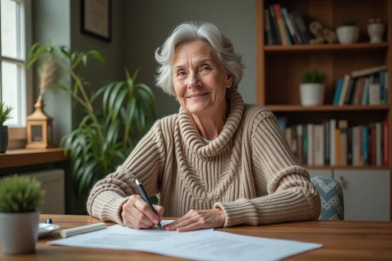 Femme d'âge moyen signant des papiers de logement à la maison