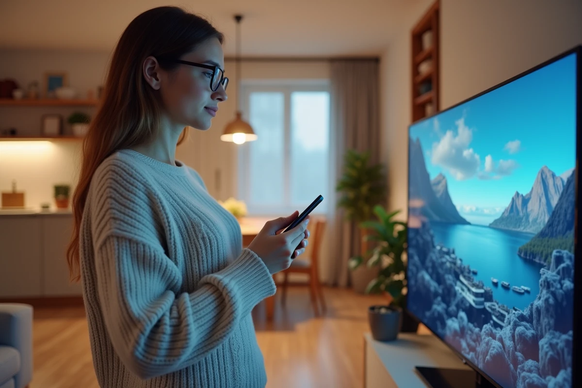 Jeune femme téléchargeant une application IPTV avec son smartphone