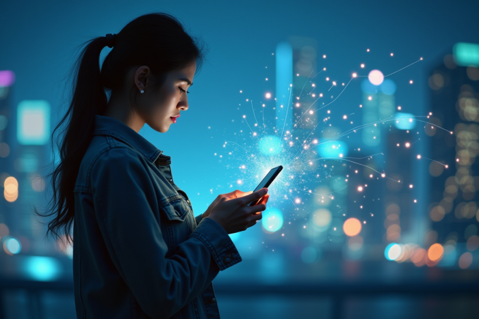 Jeune femme tenant un smartphone avec des traces digitales derrière
