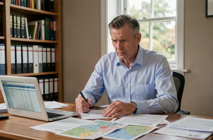 Homme d'affaires examinant des documents fiscaux et cadastraux pour l'achat d'une parcelle en résidence de plein air