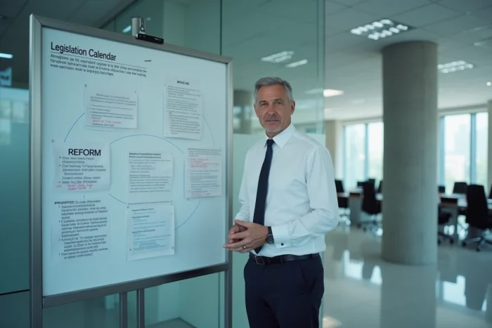 Fonctionnaire debout devant un tableau de bord législatif avec calendriers de réformes et documents administratifs épinglés