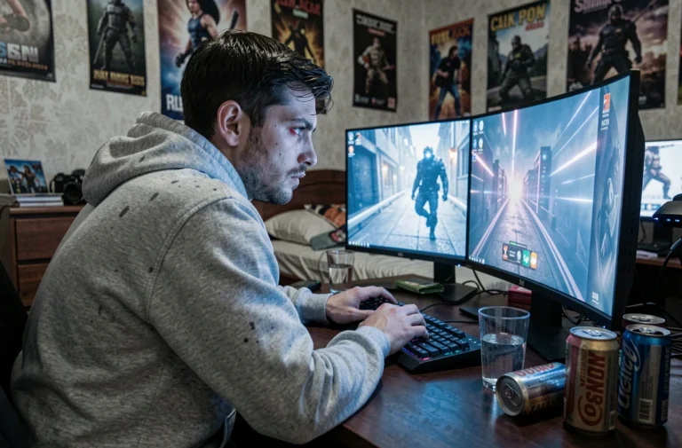 Jeune homme fatigué devant ses écrans de jeu vidéo tard la nuit, souffrant d'insomnie