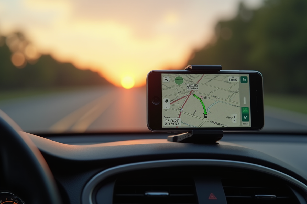 Smartphone avec GPS dans la voiture au coucher de soleil