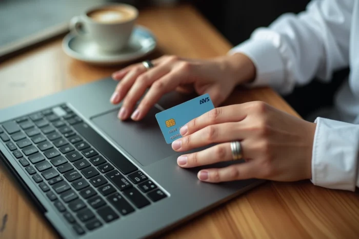 Gros plan de mains tenant une carte bancaire lors d'un paiement en ligne dans un café, évoquant les risques de sécurité sans 3D Secure
