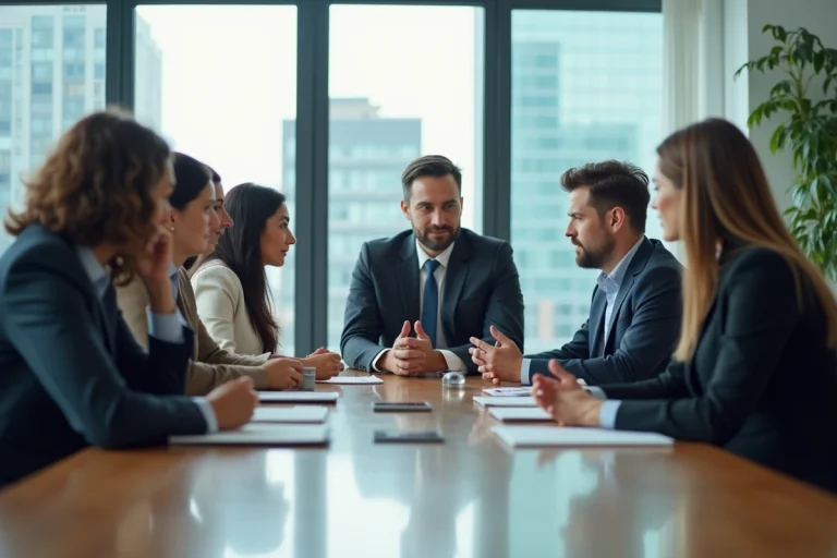 Groupe de professionnels en réunion dans un bureau lumineux