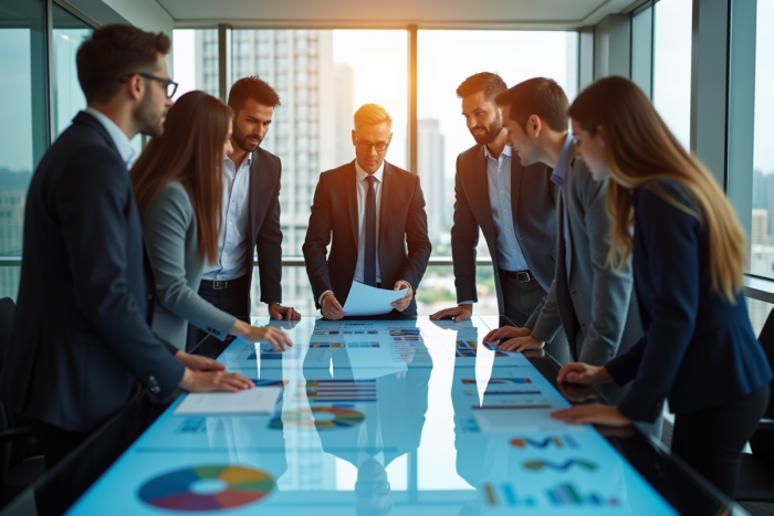 Groupe d'agents publics collaborant autour d'une table numérique