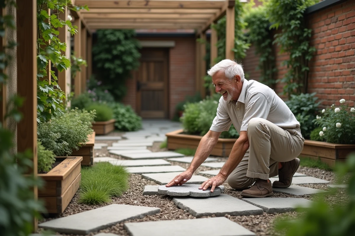 Homme arrangeant des pavés pour un chemin de jardin
