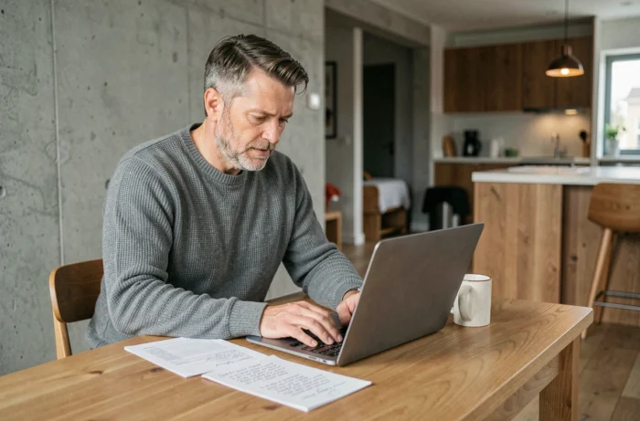 Homme analysant un portefeuille d'investissement immobilier sur un ordinateur portable dans un appartement rénové contemporain