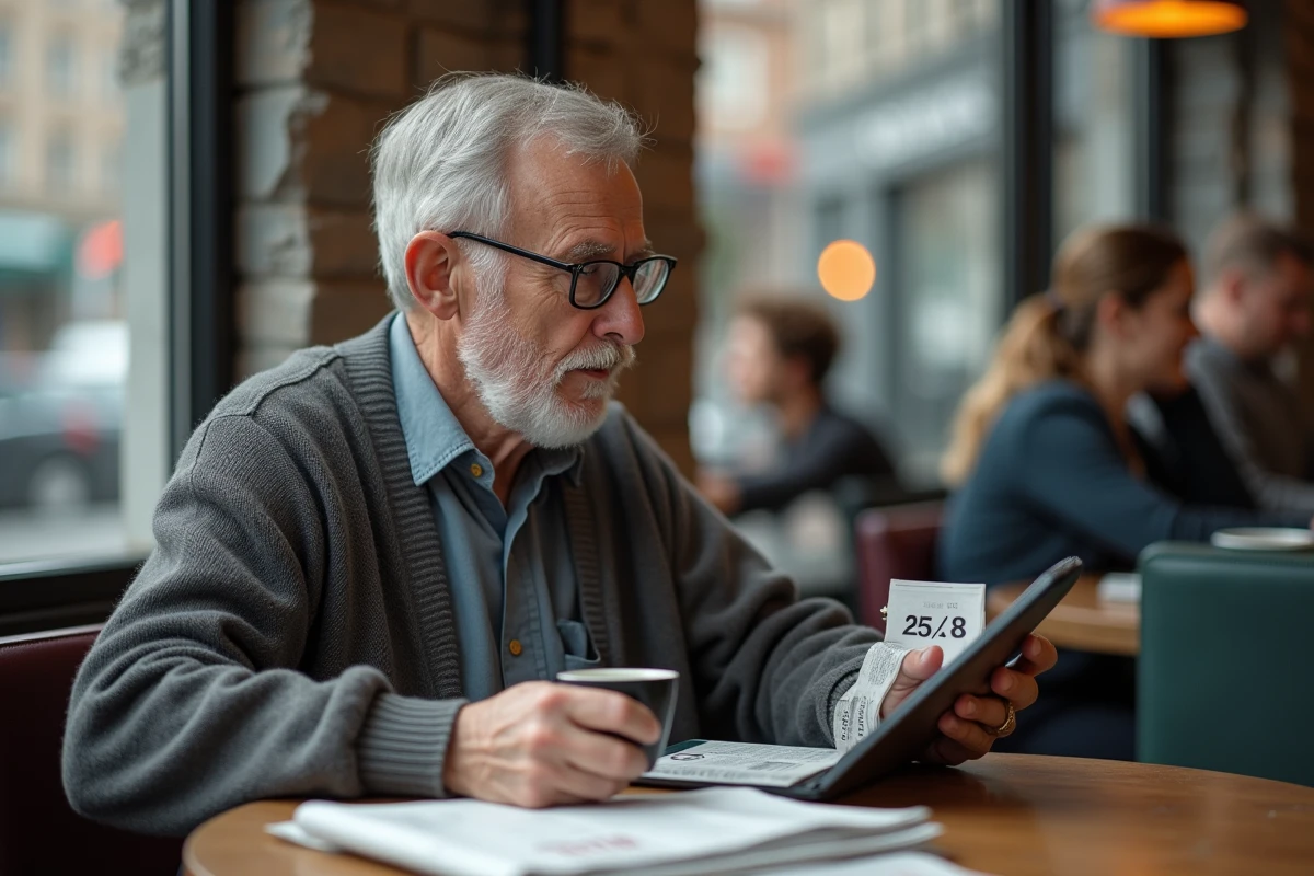 Homme âgé comptant des dates sur une tablette au café