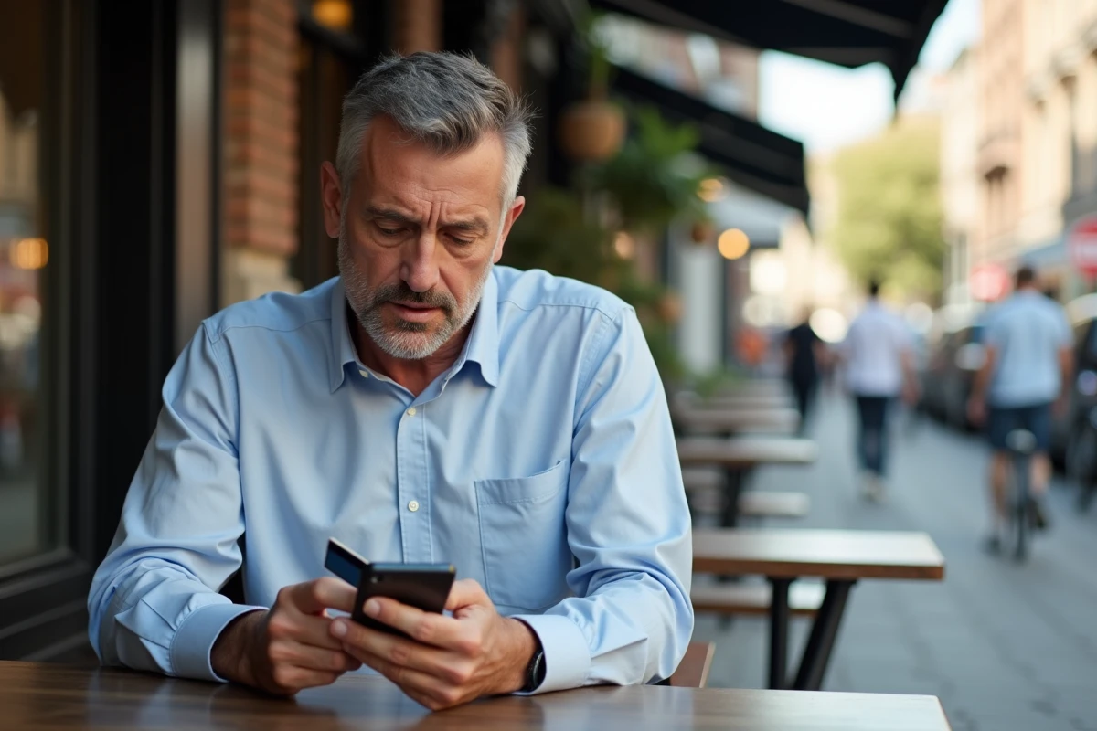 Homme d age moyen au café regardant son smartphone
