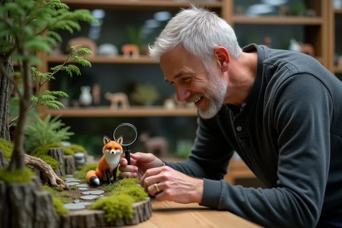Homme examinant une figurine miniature de renard dans un diorama forestier détaillé avec une loupe de bijoutier