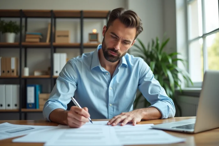 Un homme consultant plusieurs contrats de location d'appartements posés sur un bureau en bois dans un bureau à domicile moderne