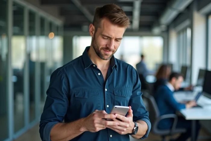 Homme consultant son smartphone pour résoudre un problème de connexion sur Arkevia dans un bureau moderne