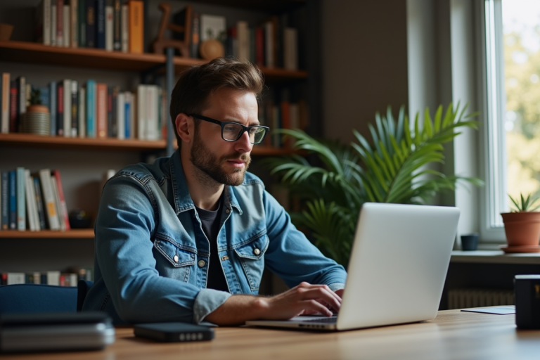 Homme en denim travaillant sur un réseau peer-to-peer dans un bureau cosy