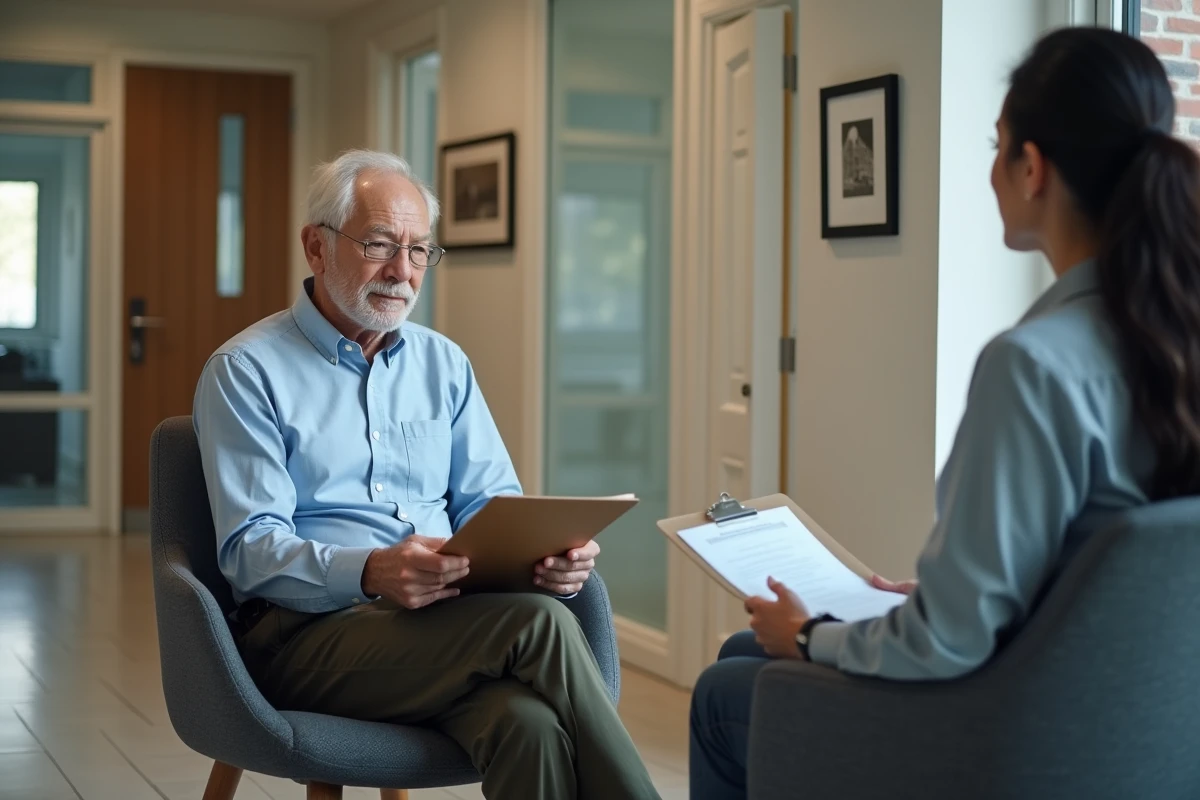 Homme âgé discutant avec un conseiller dans un bureau