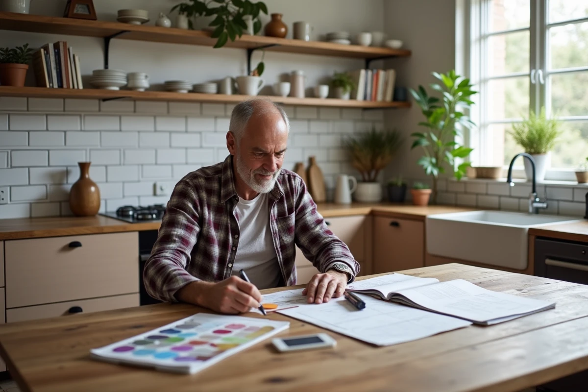 Homme examinant des échantillons de couleur dans la cuisine