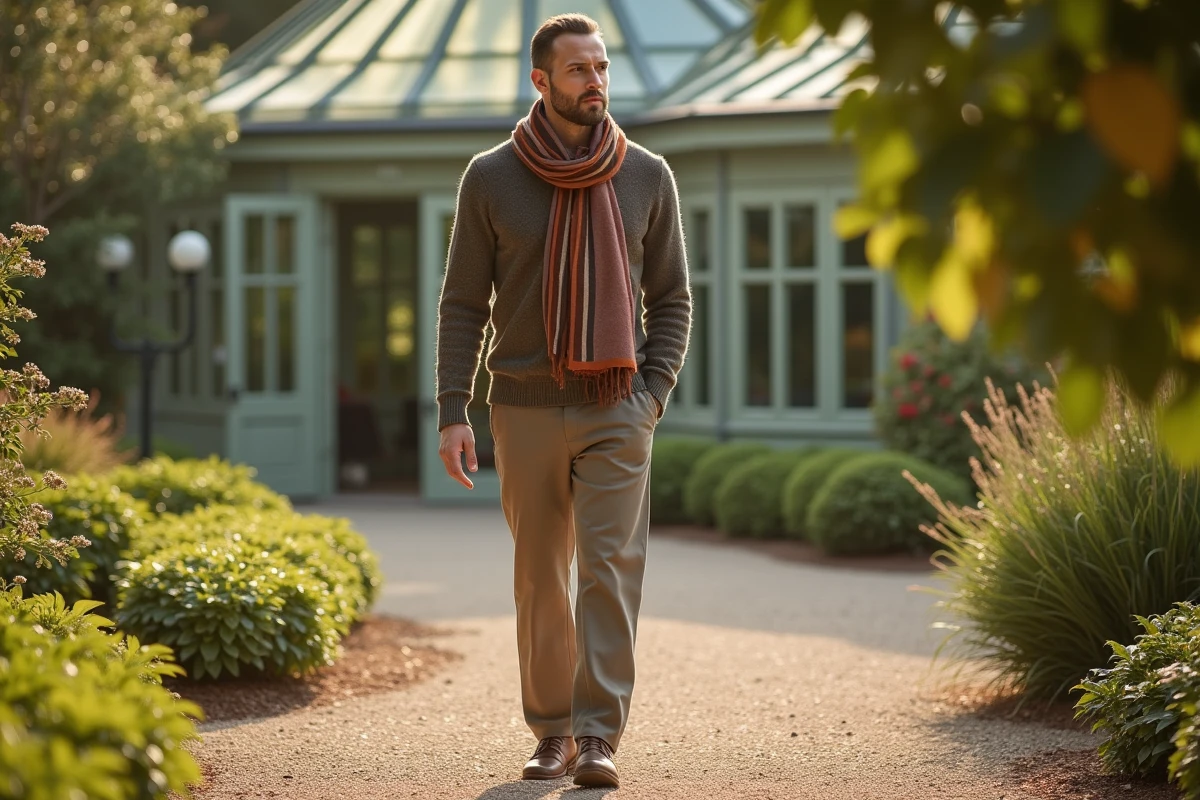Homme à la mode dans un jardin botanique ensoleille