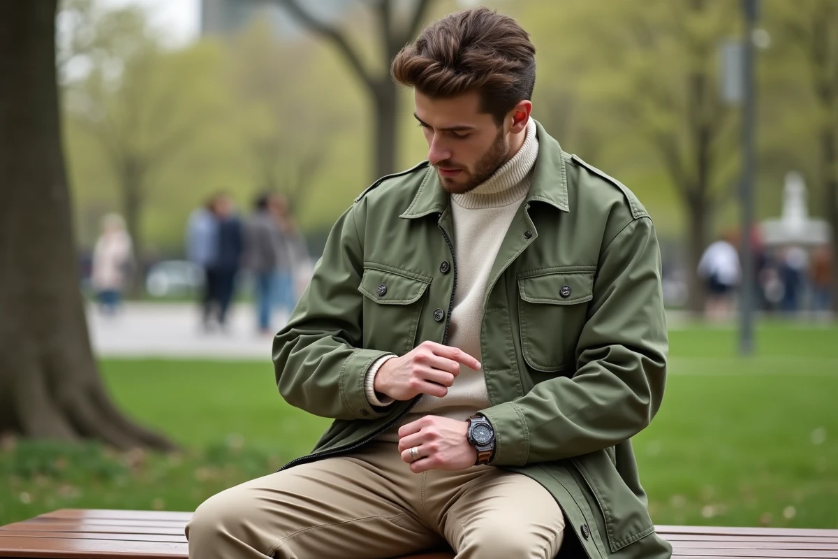 Jeune homme en veste utilitaire dans un parc verdoyant
