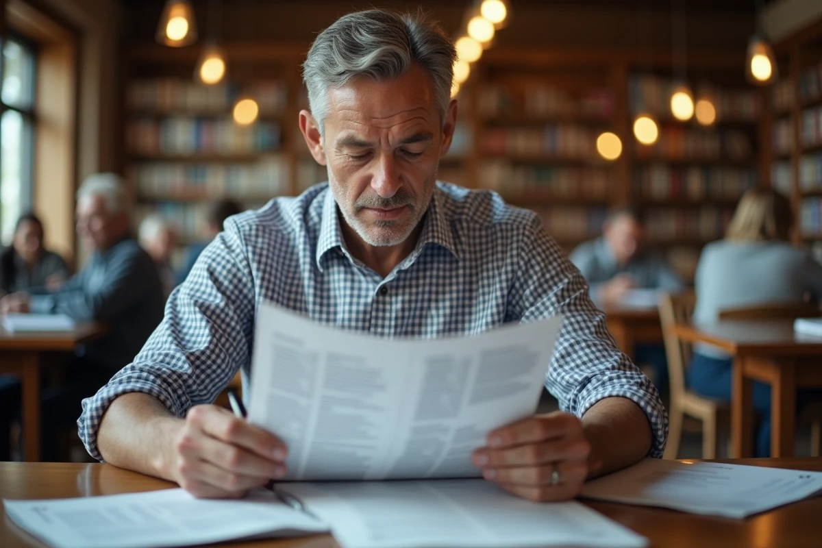 Homme lisant un annuaire dans une bibliothèque calme