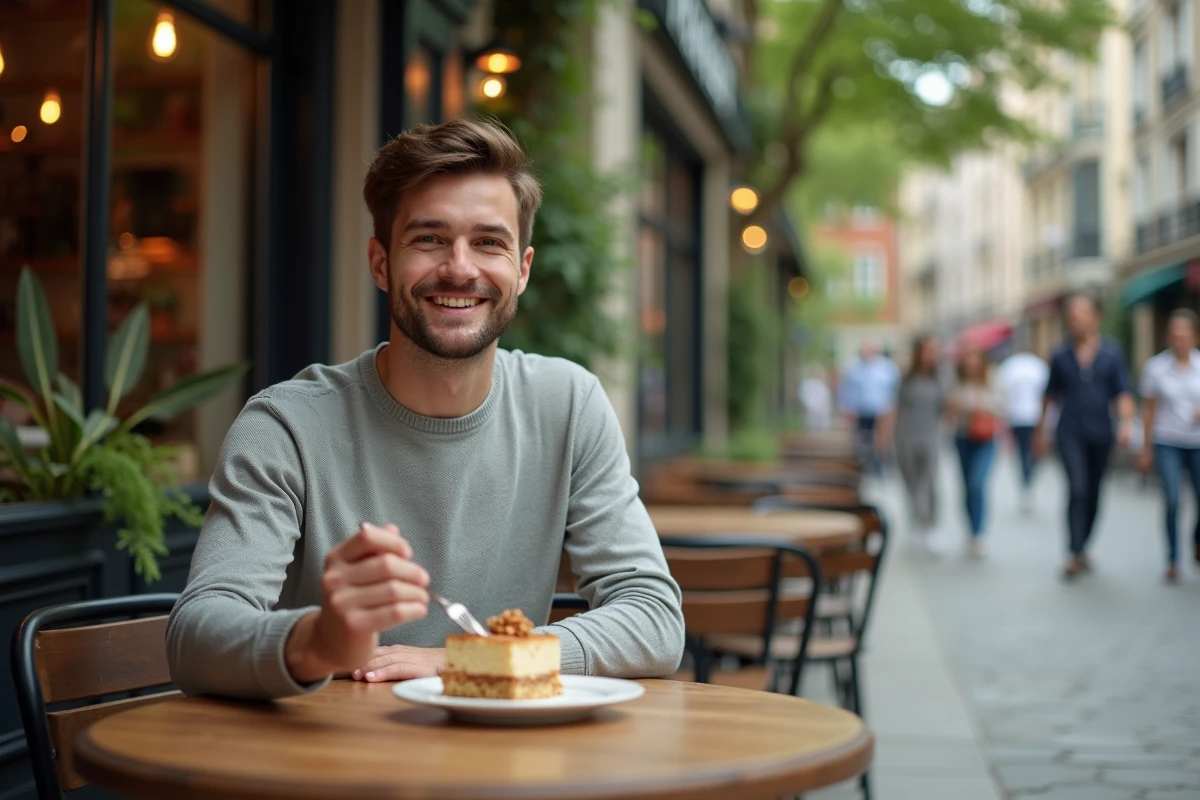 Homme dégustant une part de gâteau sans gluten en terrasse