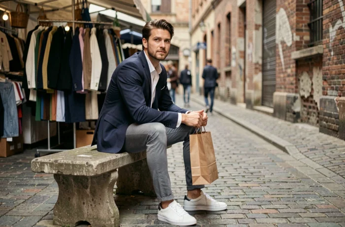 Homme stylé en blazer marine assis dans un marché urbain avec un sac shopping