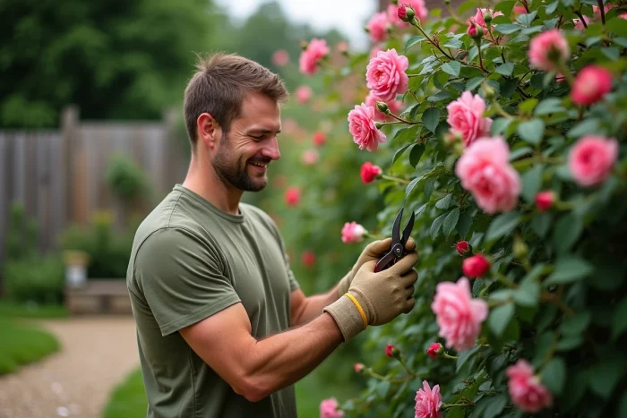 Homme taillant des rosiers en fleurs dans un jardin résidentiel aménagé avec allée en gravier et massifs de vivaces