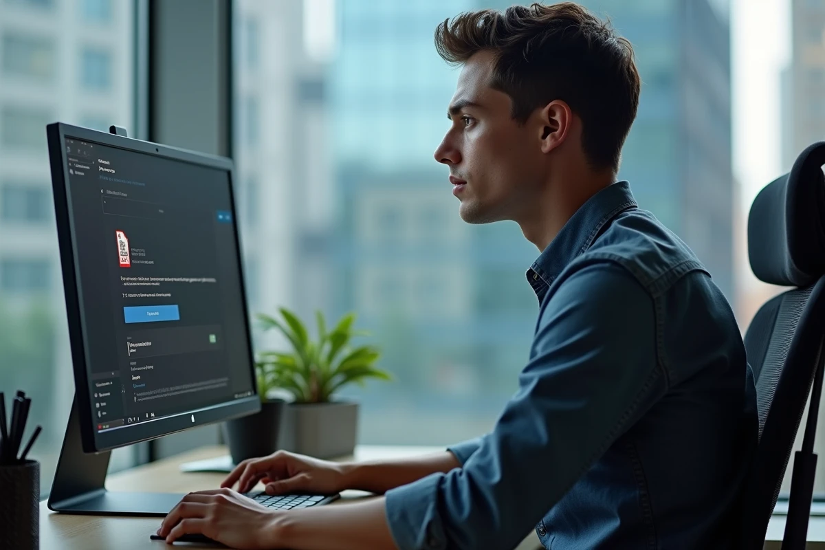 Jeune homme concentré sur son écran lors du téléchargement d un fichier