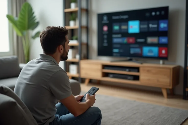 Homme d'âge moyen installant une application IPTV sur TV moderne