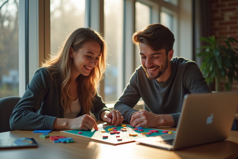 Jeune femme et homme jouant à un jeu de mots coloré dans une ambiance créative